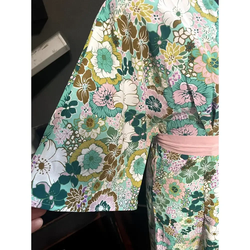 NWT Unique Vintage Mint Pink Floral Mod Maxi Wrap Dress Retro 60s 70s Size S/4